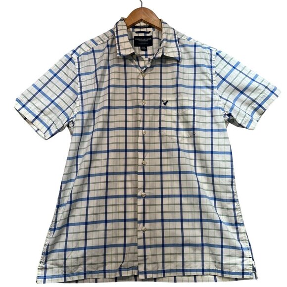 American Eagle Outfitters Plaid Button Up Shirt Mens L Blue Short Sleeve Casual - Picture 1 of 12